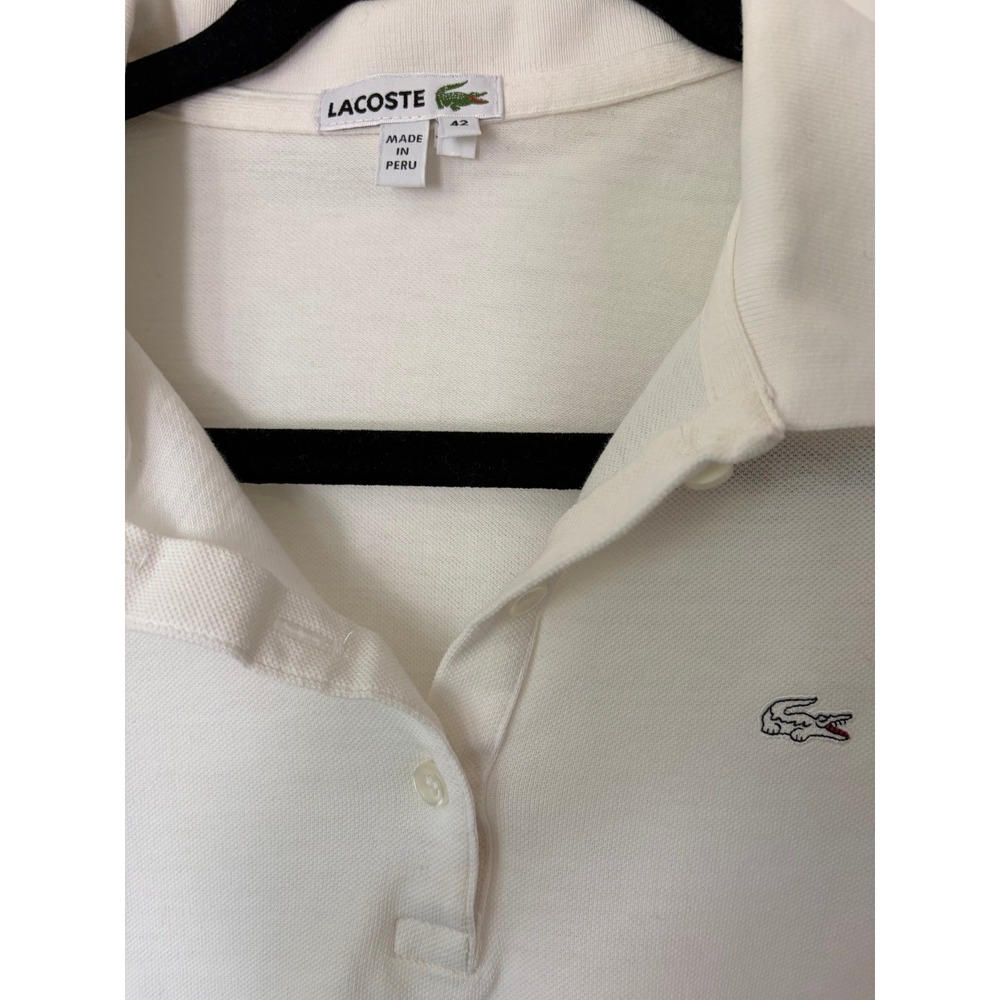 Lacoste Womens White Puff Sleeve Pique Polo Shirt Size 42 Logo Sporty Preppy